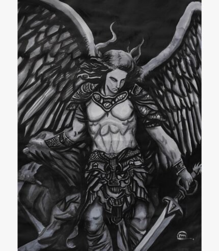 Dark gothic fantasy painting titled Archangel Michael The Guardian by Art Gallery featuring a powerful muscular winged angel in ornate armor holding a large sword.