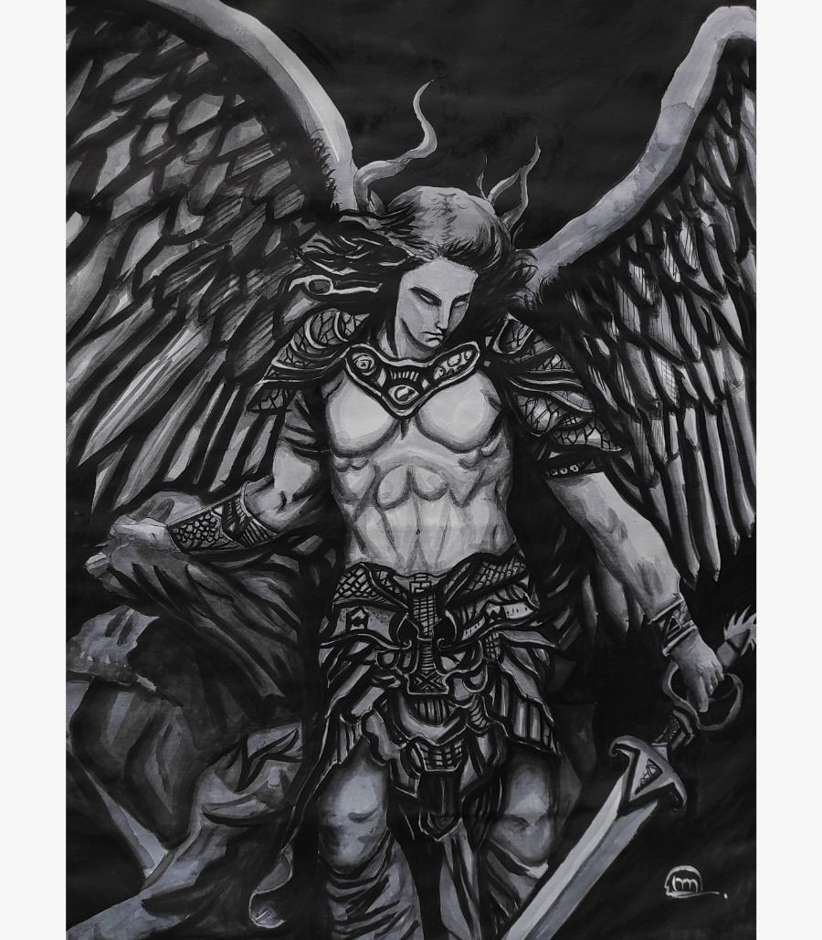 2 Dark gothic fantasy painting titled Archangel Michael The Guardian by Art Gallery featuring a powerful muscular winged angel in ornate armor holding a large sword.