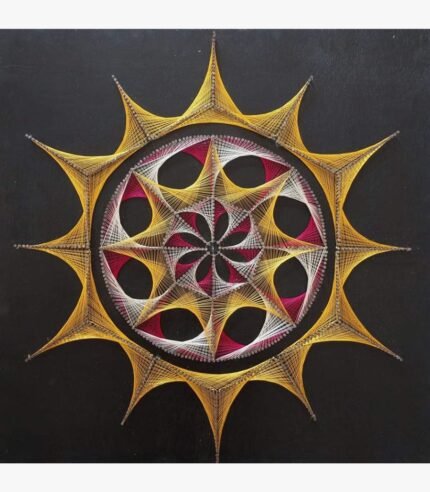 Handcrafted geometric string art mandala on a dark wooden board titled Solar Mandala by Asit Trivedi featuring intricate yellow, crimson, and white threads forming a multi-layered sunburst wheel.