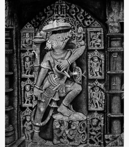 Highly detailed monochrome charcoal and graphite sketch titled Lord Varaha Avatar by Bharti Parmar depicting the stone relief carving of Vishnu's boar incarnation within an ancient temple frame.