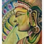 Original acrylic painting titled Ajanta Fresco Serenity by Gayatri Gohil depicting a classical Indian cave style fresco profile portrait of a serene royal figure with detailed traditional jewelry.