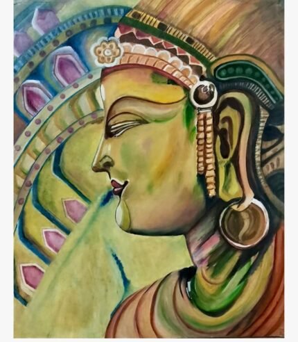 Original acrylic painting titled Ajanta Fresco Serenity by Gayatri Gohil depicting a classical Indian cave style fresco profile portrait of a serene royal figure with detailed traditional jewelry.