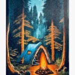 Original acrylic painting titled Starlight Sanctuary by Raj Patel featuring a glowing campfire blazing in front of a blue camping tent tucked inside a dark pine forest under a starry night sky with a crescent moon.