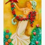 Handcrafted traditional 3D clay relief mural titled Enchanted Garden Harmony by Sabana Munshi depicting an elegant woman holding a tropical parrot amidst sculpted red rose garlands and blooming garden flowers.