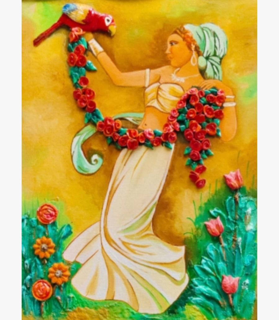 2 Handcrafted traditional 3D clay relief mural titled Enchanted Garden Harmony by Sabana Munshi depicting an elegant woman holding a tropical parrot amidst sculpted red rose garlands and blooming garden flowers.