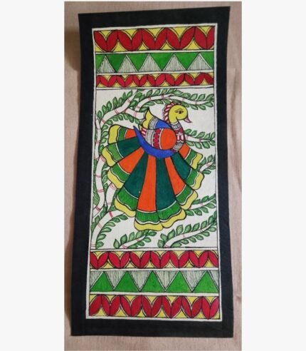 An original Indian Madhubani folk art painting on handmade paper featuring a colorful peacock among green foliage by artist Bhavna Mishra.