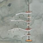 Original contemporary surrealist watercolor painting titled The Measured Ascent by Hardev Chauhan featuring a vertical metal rod holding wooden spools with winding measuring tapes that sprout tiny botanical stems against a sage green textured backdrop.