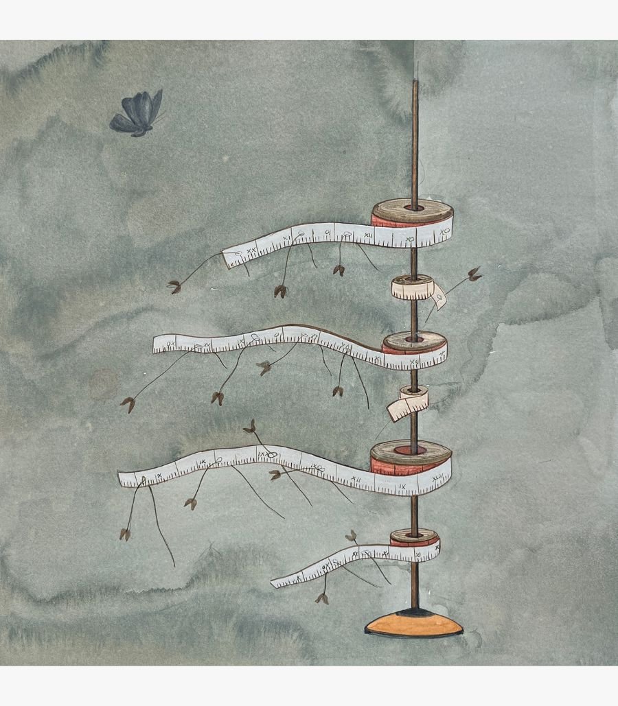 20 Original contemporary surrealist watercolor painting titled The Measured Ascent by Hardev Chauhan featuring a vertical metal rod holding wooden spools with winding measuring tapes that sprout tiny botanical stems against a sage green textured backdrop.