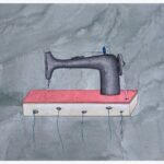 A minimalist contemporary mixed media painting showcasing a vintage black sewing machine on a pink and white floating base with hanging blue threads against a textured grey background, by Hardev Chauhan.