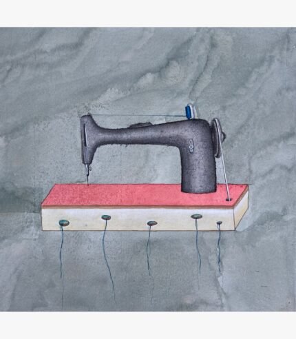 A minimalist contemporary mixed media painting showcasing a vintage black sewing machine on a pink and white floating base with hanging blue threads against a textured grey background, by Hardev Chauhan.