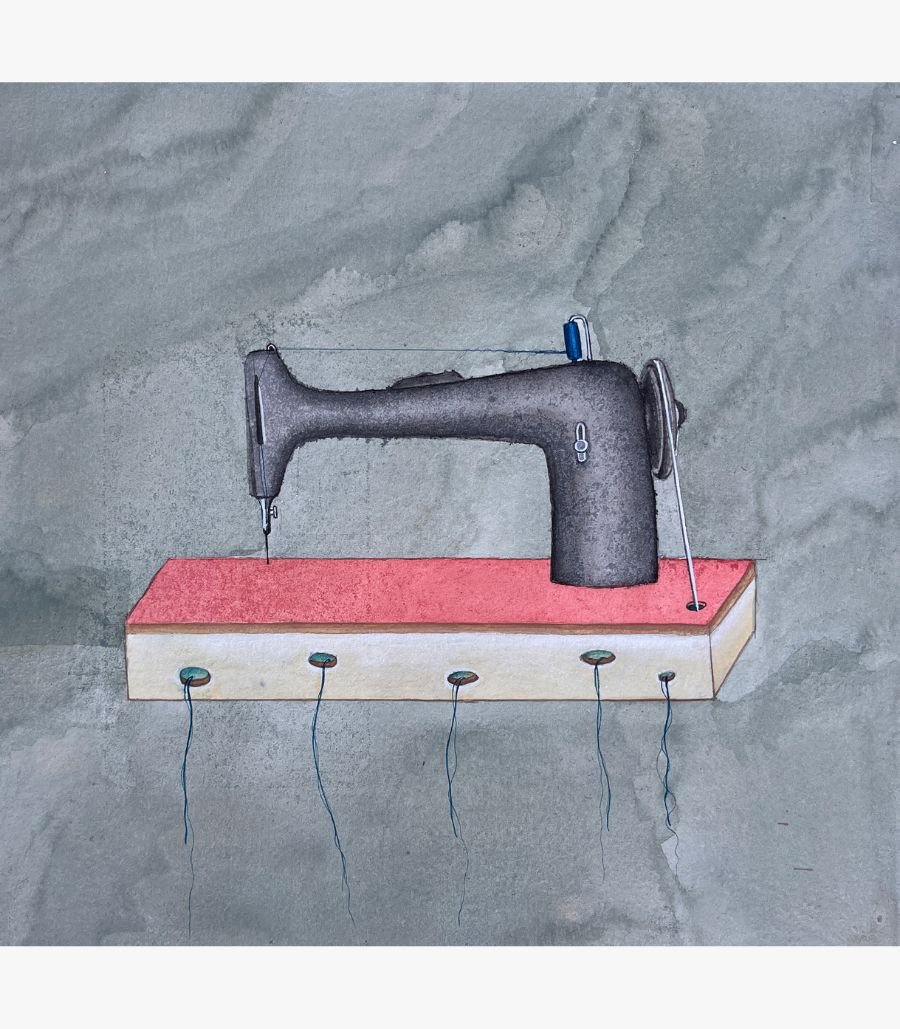 21 A minimalist contemporary mixed media painting showcasing a vintage black sewing machine on a pink and white floating base with hanging blue threads against a textured grey background, by Hardev Chauhan.