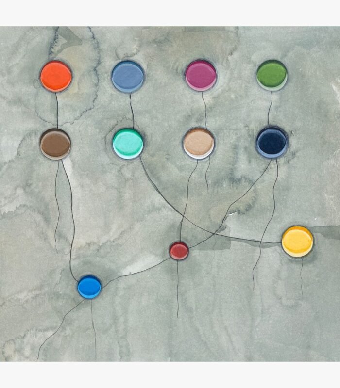 A minimalist square mixed media painting featuring eleven colorful, glossy circular nodes connected by fine black lines over a textured grey watercolor wash background, by Hardev Chauhan.