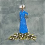 A surrealist minimalist mixed media painting of a female figure wearing a blue polka-dot dress with a raw cotton boll replacing her head, standing on a bed of cotton plants against a textured grey background, by Hardev Chauhan.