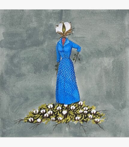 A surrealist minimalist mixed media painting of a female figure wearing a blue polka-dot dress with a raw cotton boll replacing her head, standing on a bed of cotton plants against a textured grey background, by Hardev Chauhan.