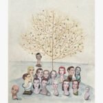 A surrealist vertical mixed media painting featuring a collection of retro mannequin heads and busts gathered below a central gold-branched cotton tree by Hardev Chauhan.