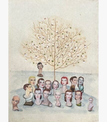 A surrealist vertical mixed media painting featuring a collection of retro mannequin heads and busts gathered below a central gold-branched cotton tree by Hardev Chauhan.