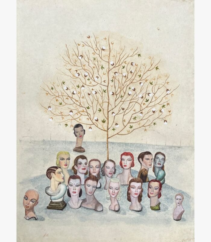 A surrealist vertical mixed media painting featuring a collection of retro mannequin heads and busts gathered below a central gold-branched cotton tree by Hardev Chauhan.