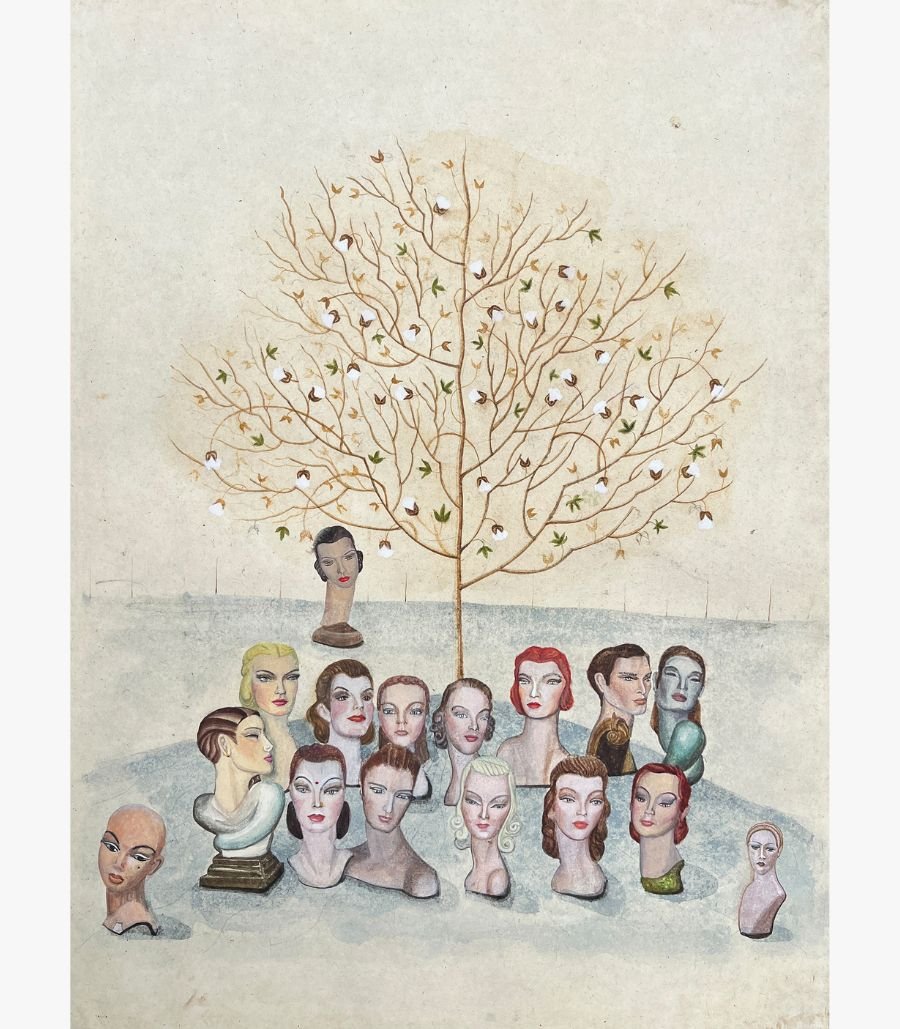 24 A surrealist vertical mixed media painting featuring a collection of retro mannequin heads and busts gathered below a central gold-branched cotton tree by Hardev Chauhan.
