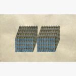 A conceptual horizontal mixed media painting depicting two large, dense blocks composed of hundreds of miniature, identical men in blue suits against a textured, cracked parchment background by Hardev Chauhan.