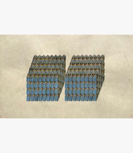 A conceptual horizontal mixed media painting depicting two large, dense blocks composed of hundreds of miniature, identical men in blue suits against a textured, cracked parchment background by Hardev Chauhan.