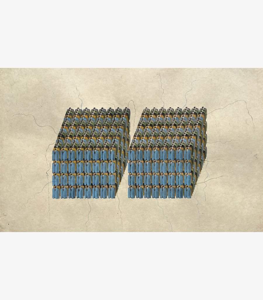 25 A conceptual horizontal mixed media painting depicting two large, dense blocks composed of hundreds of miniature, identical men in blue suits against a textured, cracked parchment background by Hardev Chauhan.