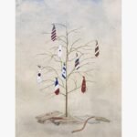 A surrealist vertical mixed media painting depicting a thin, bare tree with various national flag patterns on neckties hanging from its branches, rooted over a stack of books against a textured wash background by Hardev Chauhan.
