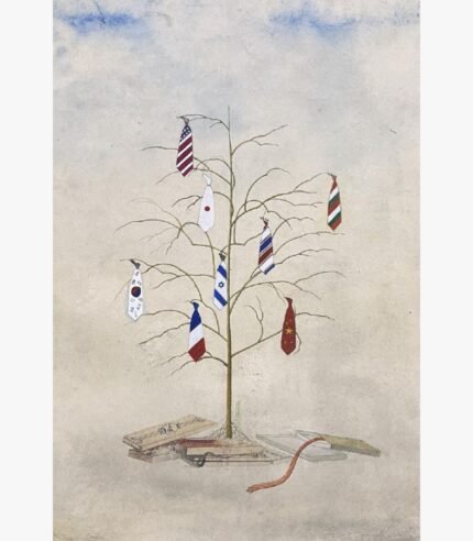 A surrealist vertical mixed media painting depicting a thin, bare tree with various national flag patterns on neckties hanging from its branches, rooted over a stack of books against a textured wash background by Hardev Chauhan.