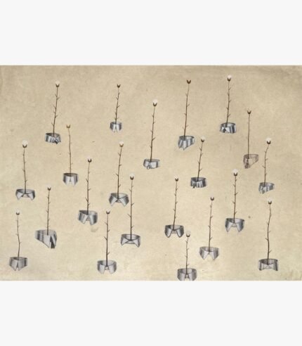 Contemporary watercolor and ink painting on wasli paper titled Cotton Garden Corporate Form by Hardev Chauhan, depicting stylized cotton plants growing out of mens dress shirt collars.