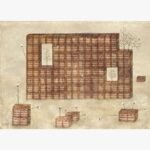 A conceptual horizontal surrealist mixed media painting of a large wall built from stacked vintage brown luggage trunks with small cotton plants growing from them against a weathered parchment background by Hardev Chauhan.