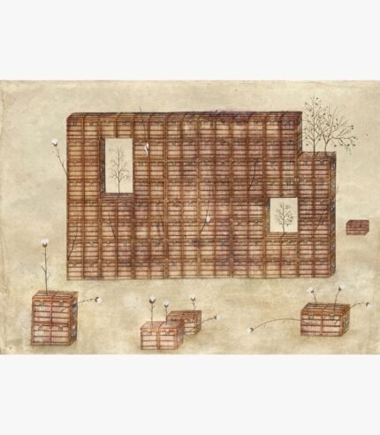 A conceptual horizontal surrealist mixed media painting of a large wall built from stacked vintage brown luggage trunks with small cotton plants growing from them against a weathered parchment background by Hardev Chauhan.