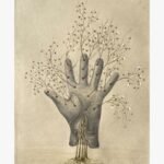 A surrealist vertical mixed media painting of a grey worker glove anchored by roots, with delicate cotton plant branches sprouting out from small red eyelet openings on the fingers against a weathered parchment background, by Hardev Chauhan.