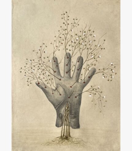 A surrealist vertical mixed media painting of a grey worker glove anchored by roots, with delicate cotton plant branches sprouting out from small red eyelet openings on the fingers against a weathered parchment background, by Hardev Chauhan.