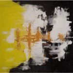 Original abstract painting titled Luminous Contrast by Bharat Maniyar featuring a bold juxtaposition of vibrant yellow, thick white impasto, and deep black acrylic fields with gold ochre accents on canvas.