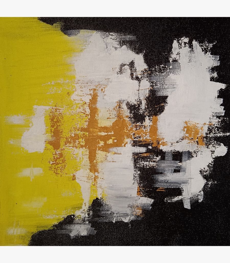 3 Original abstract painting titled Luminous Contrast by Bharat Maniyar featuring a bold juxtaposition of vibrant yellow, thick white impasto, and deep black acrylic fields with gold ochre accents on canvas.