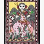 A traditional Madhubani painting on handmade paper depicting Goddess Shailaputri in a pink floral attire holding a trident and lotus flower before mountain peaks, framed by a protective eye-pattern border by artist Anupriya.