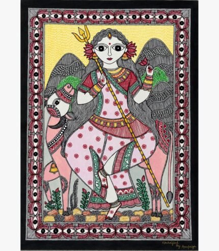 A traditional Madhubani painting on handmade paper depicting Goddess Shailaputri in a pink floral attire holding a trident and lotus flower before mountain peaks, framed by a protective eye-pattern border by artist Anupriya.