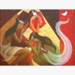 An original contemporary acrylic and gold leaf figurative painting on canvas depicting three resting female figures adorned with white flower crowns under a crescent moon by artist Pallavi Deodhar.