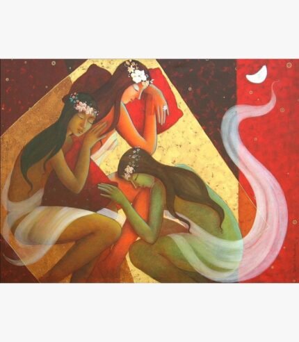 An original contemporary acrylic and gold leaf figurative painting on canvas depicting three resting female figures adorned with white flower crowns under a crescent moon by artist Pallavi Deodhar.