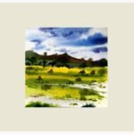 An original impressionistic watercolor landscape painting on paper depicting a lush green mountain valley with vibrant yellow flower fields beneath a blue cloudy sky by artist Avinash.