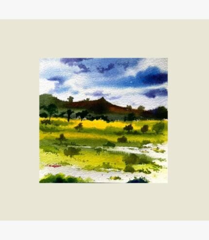 An original impressionistic watercolor landscape painting on paper depicting a lush green mountain valley with vibrant yellow flower fields beneath a blue cloudy sky by artist Avinash.