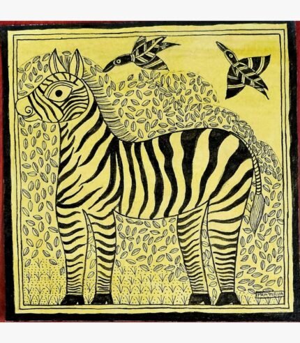An original Indian Madhubani folk art pen and ink painting on yellow handmade paper depicting a zebra framed by leaf motifs and birds in flight by artist Dr. Pratibha Jain.