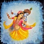 An original expressionist acrylic canvas painting depicting Radha and Krishna dancing in a celestial aura by artist Jyoti Machigad.
