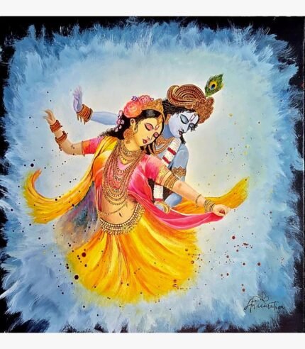 An original expressionist acrylic canvas painting depicting Radha and Krishna dancing in a celestial aura by artist Jyoti Machigad.