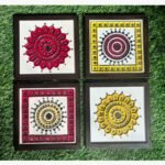 Vibrant Lippan art quad set featuring colorful geometric mandala patterns with mirror work framed by artist Rucha Desai.