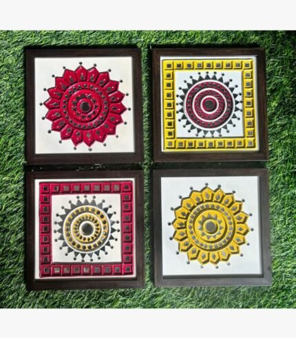 Vibrant Lippan art quad set featuring colorful geometric mandala patterns with mirror work framed by artist Rucha Desai.