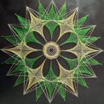 Handcrafted geometric string art mandala on a dark wooden board titled Emerald Mandala by Asit Trivedi featuring intricate green, yellow, and white threads forming a multi-layered starburst and floral wheel pattern.
