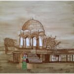 Original watercolor and ink painting on paper titled Royal Chhatri (Heritage) by Akaksha Mistry showcasing a traditional Indian dome pavilion with a woman carrying a water pot.