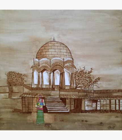 Original watercolor and ink painting on paper titled Royal Chhatri (Heritage) by Akaksha Mistry showcasing a traditional Indian dome pavilion with a woman carrying a water pot.