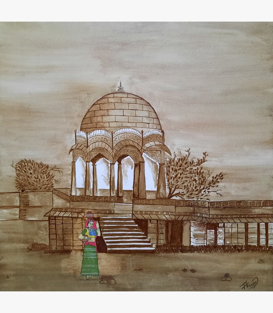 3 Original watercolor and ink painting on paper titled Royal Chhatri (Heritage) by Akaksha Mistry showcasing a traditional Indian dome pavilion with a woman carrying a water pot.