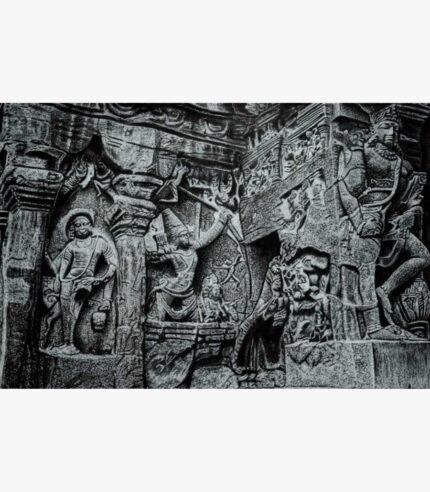 Highly detailed monochrome charcoal and graphite sketch titled Ellora Caves (Heritage) by Bharti Parmar depicting the intricate ancient rock-cut architecture and stone deity reliefs of the historic Ellora complex.